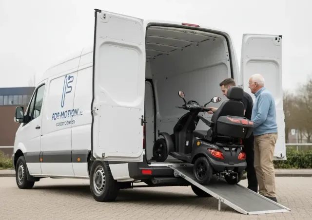 Een opvouwbare scootmobiel wordt in de kofferbak geladen voor een dagje uit
