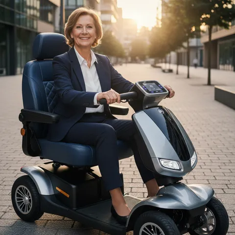 Persoon die comfortabel een moderne scootmobiel bestuurt, lachend, met een heldere achtergrond van een weg of park.