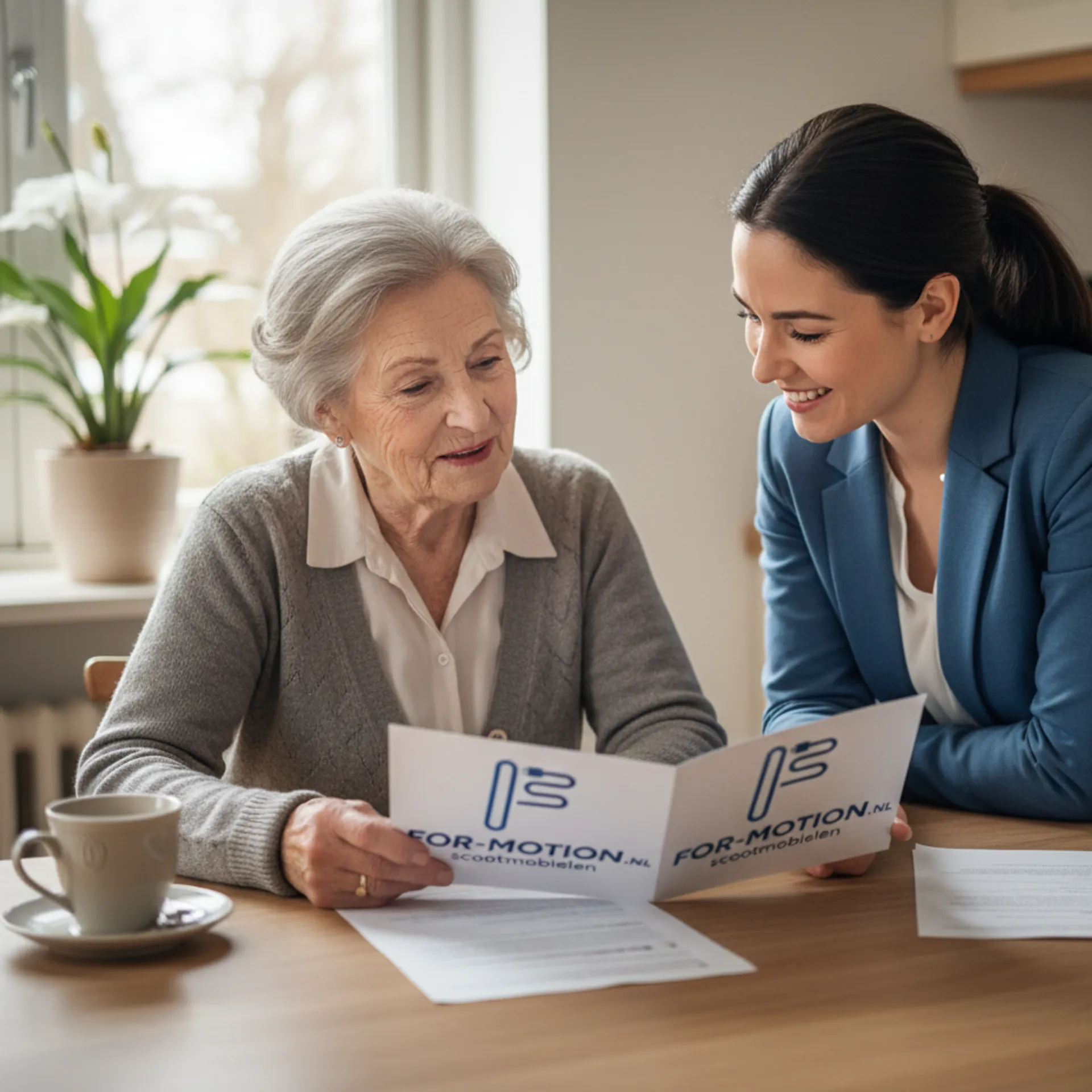 Een For Motion medewerker in gesprek met een oudere dame over WMO subsidie voor een scootmobiel