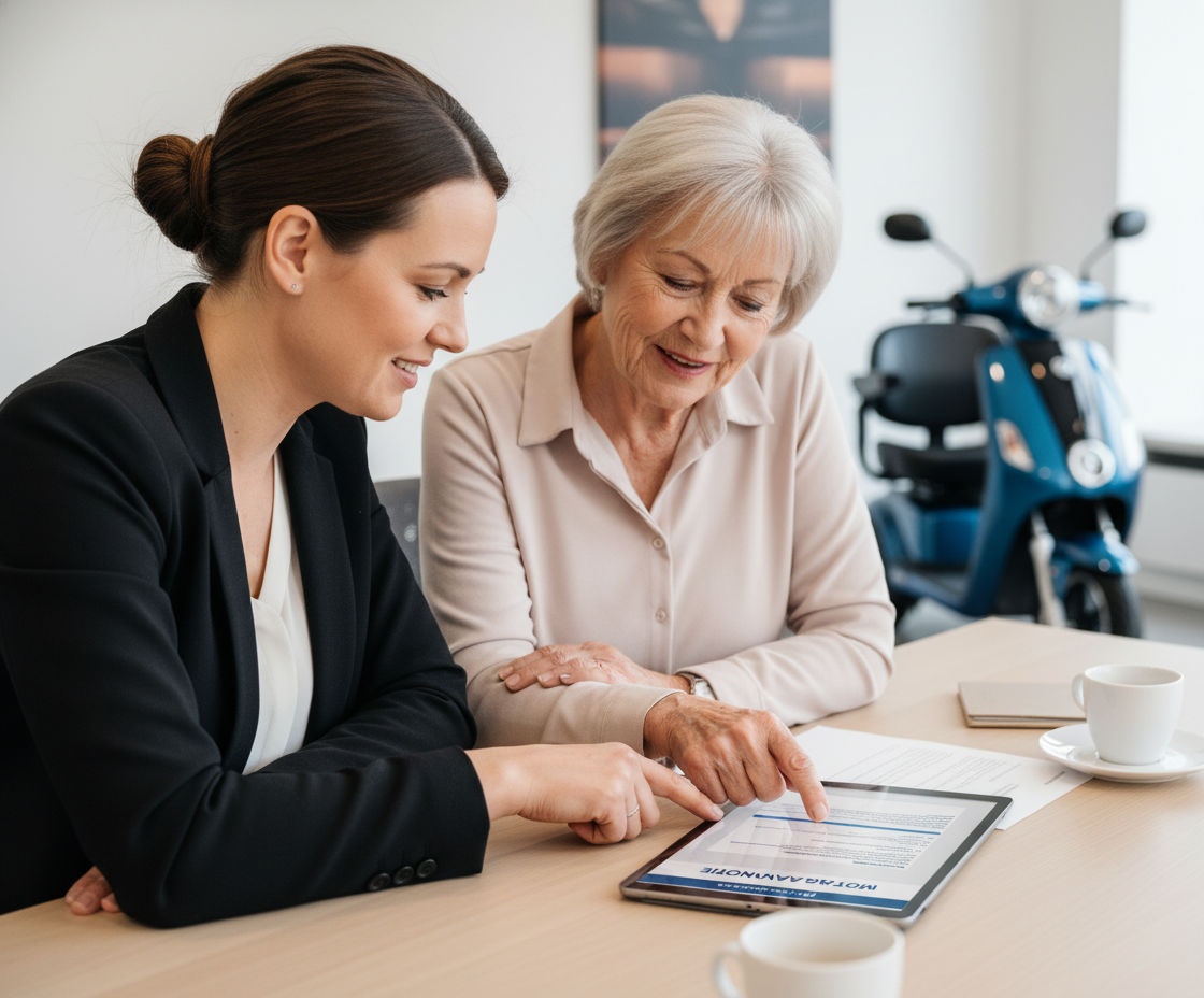 Een For Motion medewerkster in gesprek met een senior dame over WMO subsidie aanvragen voor een scootmobiel