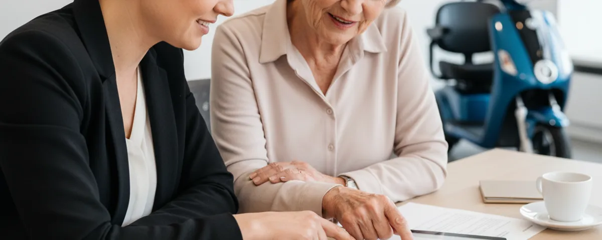 Een For Motion medewerkster in gesprek met een senior dame over WMO subsidie aanvragen voor een scootmobiel