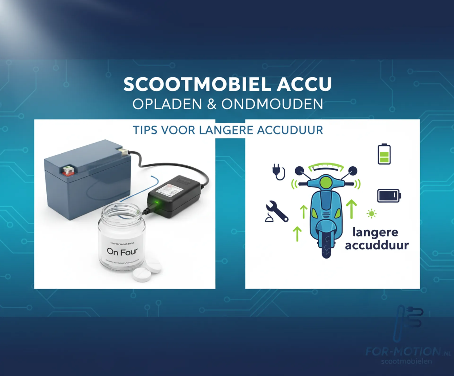 Persoon laadt scootmobiel accu op