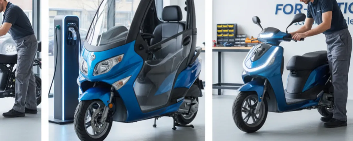 Diverse moderne For Motion scootmobielen op een rij, klaar voor gebruik.