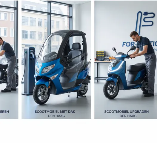 Diverse moderne For Motion scootmobielen op een rij, klaar voor gebruik.