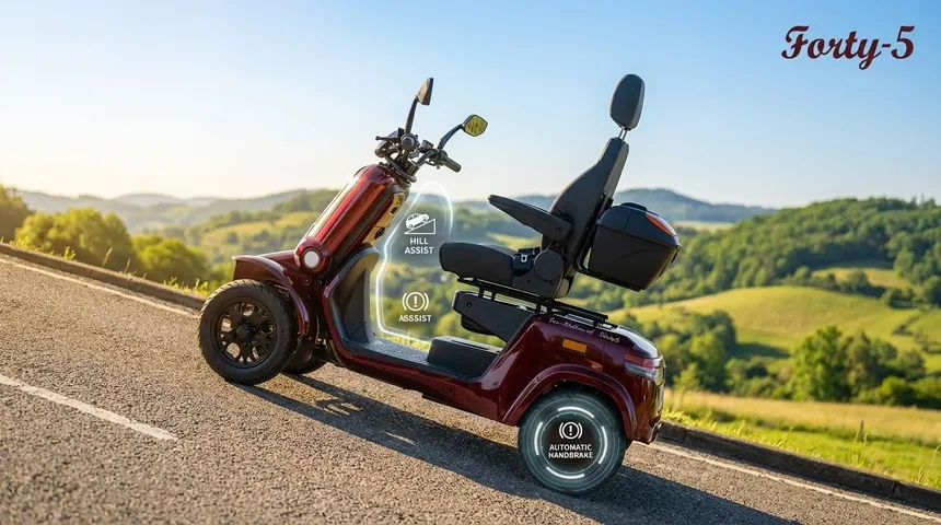 Een For Motion scootmobiel die veilig stilstaat op een helling dankzij de Hill Assist functie.