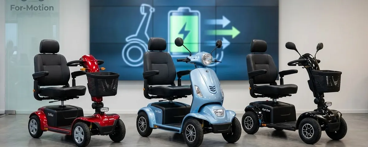 Een infographic die de verschillen tussen AGM, GEL en Lithium scootmobiel accu's laat zien op het gebied van levensduur, oplaadtijd en gewicht.