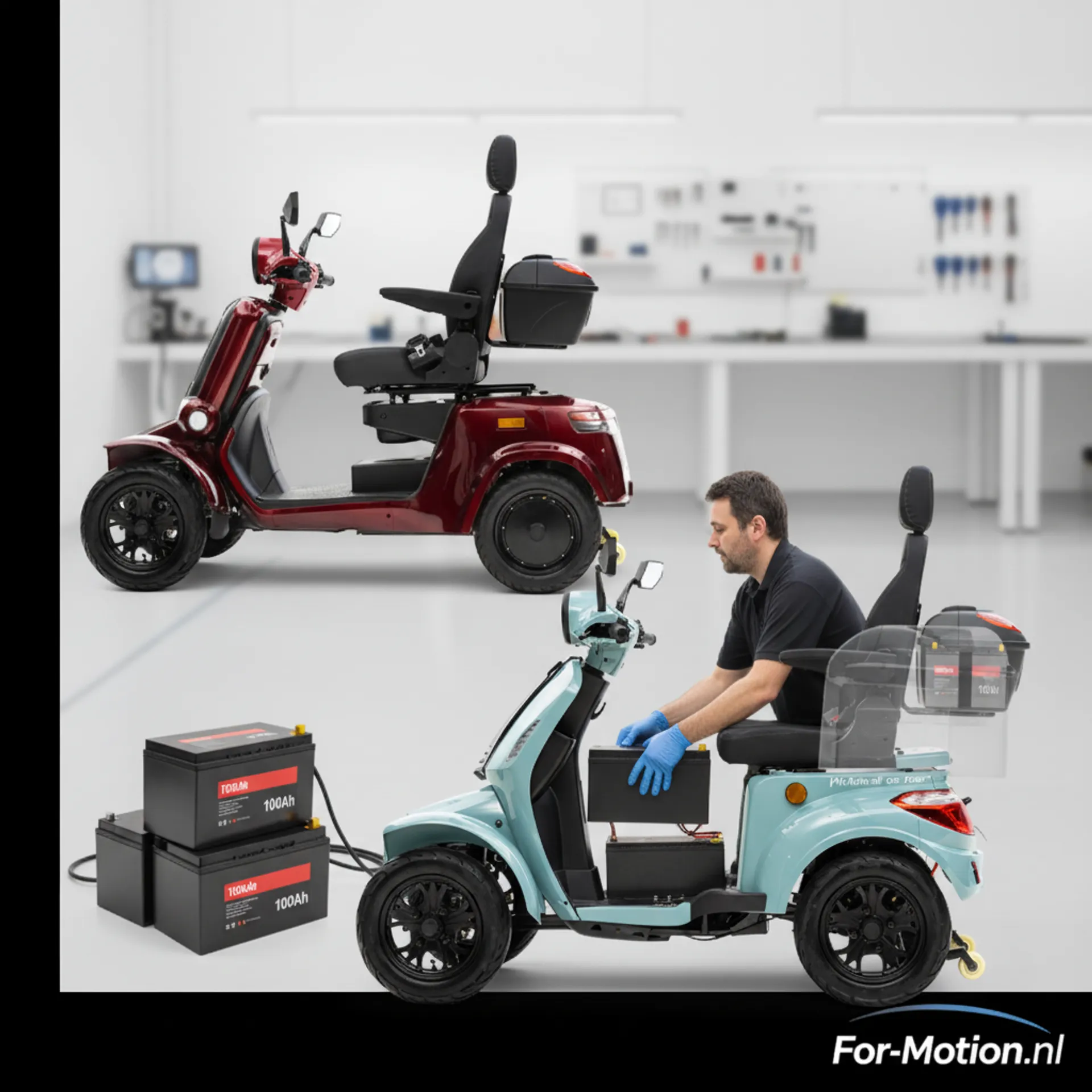 Vergelijking tussen een traditionele zware lood-accu en een moderne, lichte lithium scootmobiel accu.