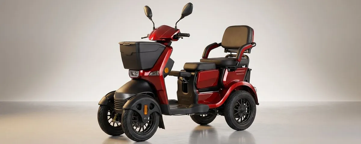 Close-up van het onafhankelijk geveerde wiel van de For Motion Compa scootmobiel.