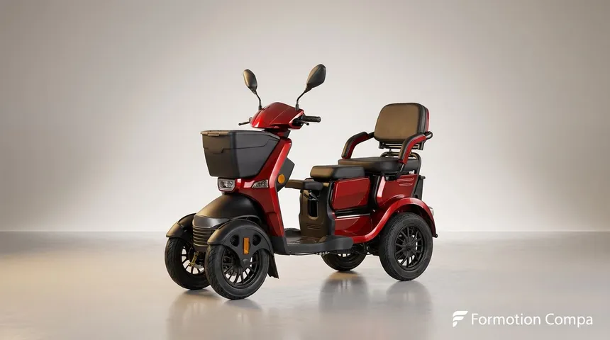 Close-up van het onafhankelijk geveerde wiel van de For Motion Compa scootmobiel.