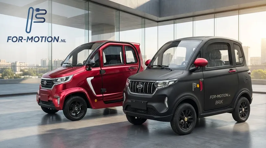 Een luxe scootmobiel auto van For Motion die geparkeerd staat in een rustige straat