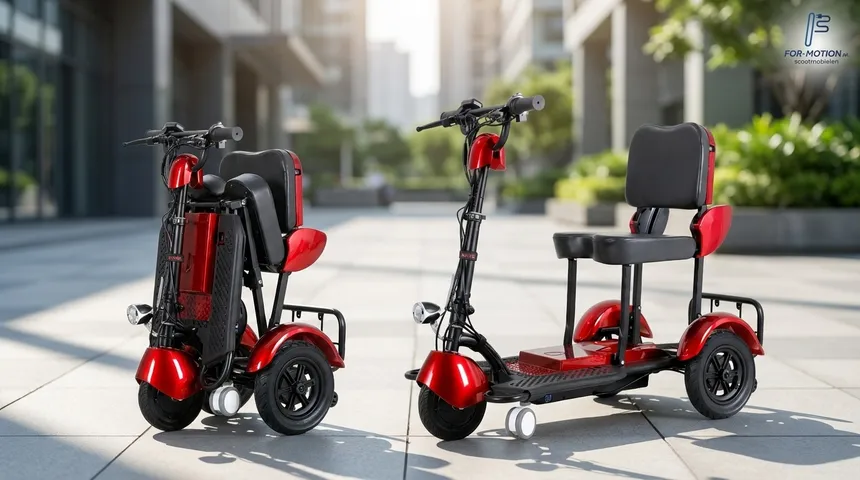 Een opgevouwen For Motion Foldy scootmobiel die gemakkelijk in de kofferbak van een auto past.