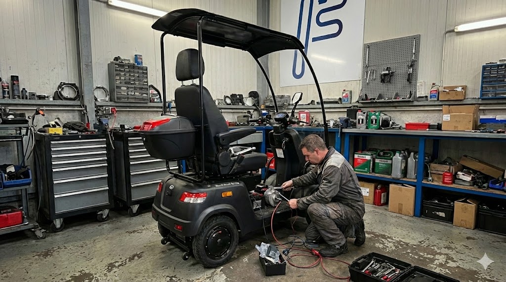 Een monteur van For Motion controleert een scootmobiel in de werkplaats in Heerde